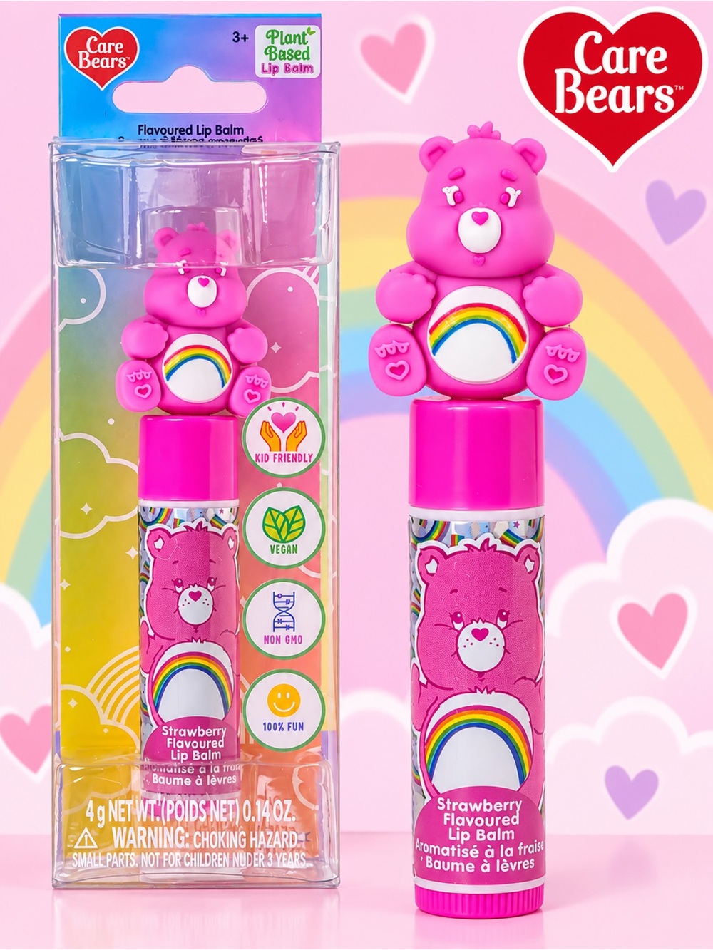 Care Bears Strawberry Flavored Lip Balm Pink Bear Rainbow Plant Based NWT/ NIB